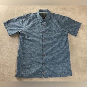 Quiksilver Waterman Shirt Men’s Large Blue Hawaiian Button Up Quicksilver Fish